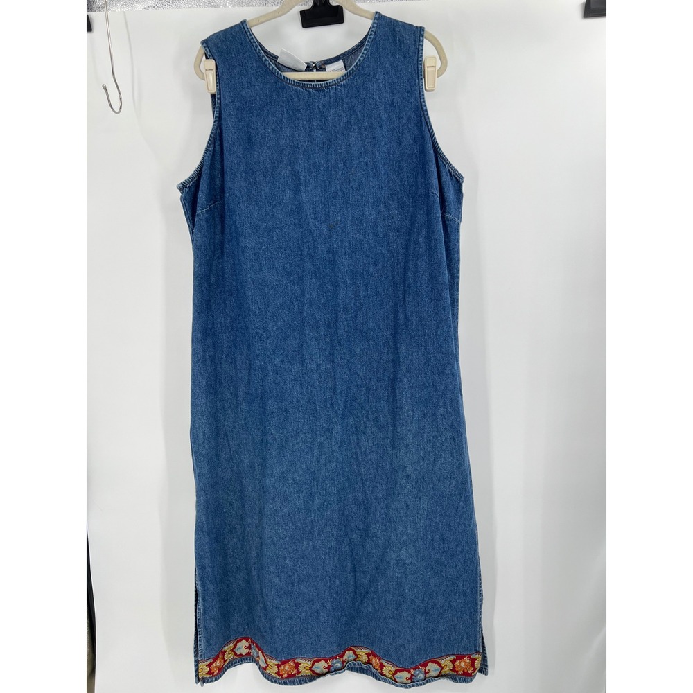 Studio Ease Vintage Blue Denim Sleeveless Shift Dress Floral Trim Plus Size 20W